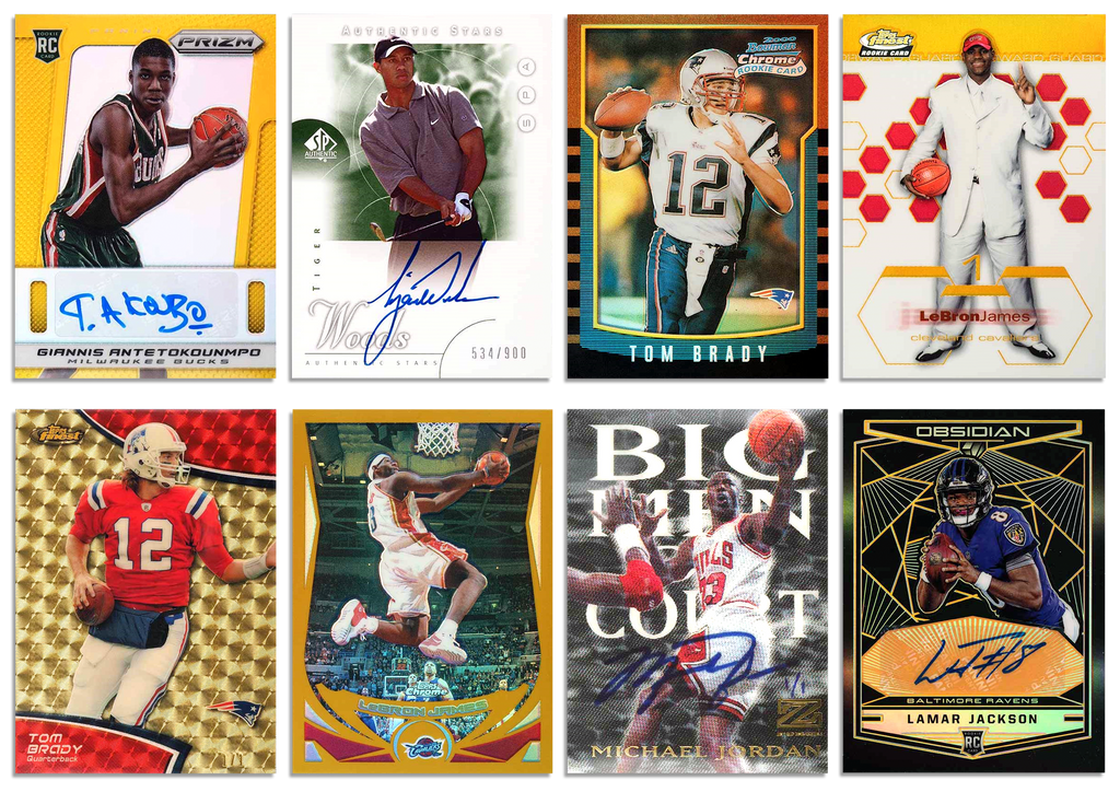 Eight premium sports trading cards from the 2000s displayed on a white background. The set includes a 2013 Giannis Antetokounmpo Gold Prizm, a Tiger Woods Upper Deck SP Autograph, a 2000 Tom Brady Bowman Chrome Refractor, a 2003 Topps Finest Gold Refractor LeBron James, a 2011 Topps Finest Gold Vinyl Tom Brady, a 2003 Topps Chrome Gold Refractor LeBron James, a Michael Jordan Big Men on Court Buyback Autograph, and a 2018 Obsidian Lamar Jackson Auto. Each card features high-quality finishes and autographs, showcasing the athletes in various dynamic poses and actions