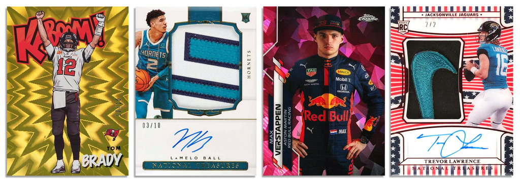 Four modern sports trading cards on a white background, featuring a 2021 Tom Brady Gold Kaboom, a 2021 LaMelo Ball National Treasures Rookie Patch Auto (RPA), a 2020 Topps Chrome Formula 1 Sapphire Max Verstappen, and a 2021 National Treasures Red Brand Logo Trevor Lawrence. Each card showcases vibrant, high-quality graphics and design, highlighting significant rookie and star athlete moments from their respective sports