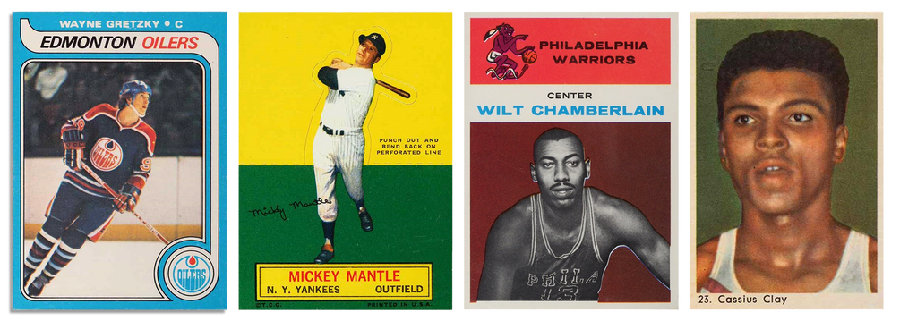 Four iconic sports trading cards displayed on a white background, including a 1979 Wayne Gretzky rookie card, a 1964 Mickey Mantle card, a 1961 Fleer Wilt Chamberlain rookie card, and a 1960 Cassius Clay (Muhammad Ali) rookie card. Each card features a vivid portrait of the athlete, capturing their prowess and era in sports history