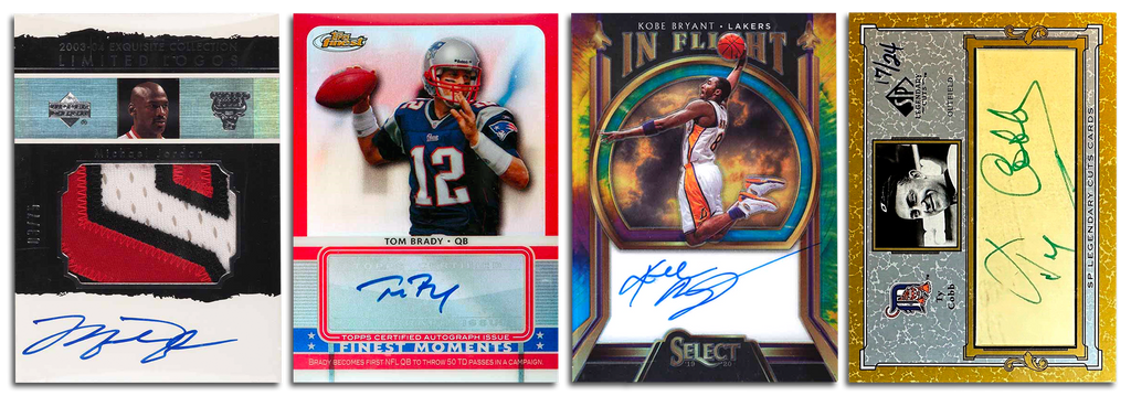 Four images of autographed sports cardFour high-value sports trading cards on a white background, including a 2003 Upper Deck Exquisite Collection Michael Jordan Patch Auto, a Topps Finest Refractor Autograph Tom Brady, a 2019 Select In Flight Kobe Bryant Autograph, and a Babe Ruth Autograph card. Each card is meticulously designed, featuring autographs and in some cases, player-worn patch inserts, representing iconic moments and figures in sports historys, from left to right there is a Michael Jordan Autograph Basketball Card, Tom Brady Autograph Football Card, Kobe Bryant Autograph Basketball Card, Ty Cobb Autograph Baseball Card
