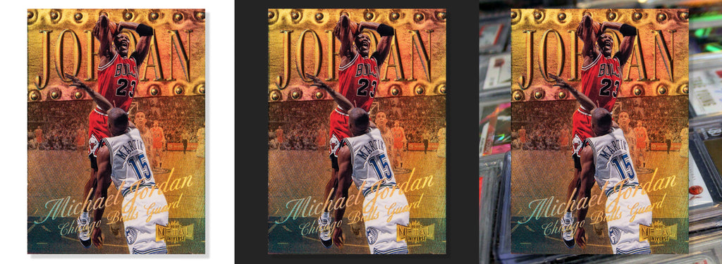 Image of a 1998 Metal Universe Precious Metal Gems Michael Jordan card displayed against three different backgrounds: white, dark, and busy