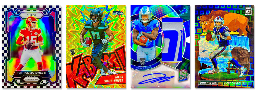 Four different trading cards arranged from left to right. The cards are: Patrick Mahomes Black and White Checker Prizm, Jaxon Smith-Njigba Gold Kaboom, Jahmyr Bibbs Rookie Patch Auto, and Josh Allen Downtown Pandora