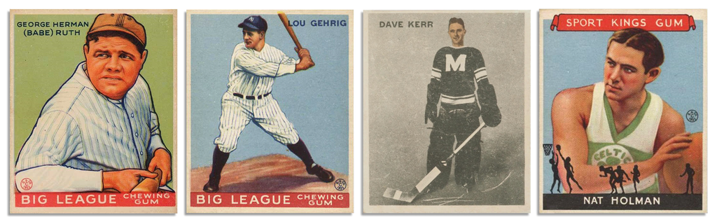 "Four 1933 sports trading cards on a white background, featuring Babe Ruth and Lou Gehrig from the Goudey series, Dave Kerr from the World Wide Gum series, and Nat Holman from the Sport Kings series. Each card displays vibrant colors and detailed illustrations of the athletes in action or portrait poses, typical of early 1930s sports memorabilia
