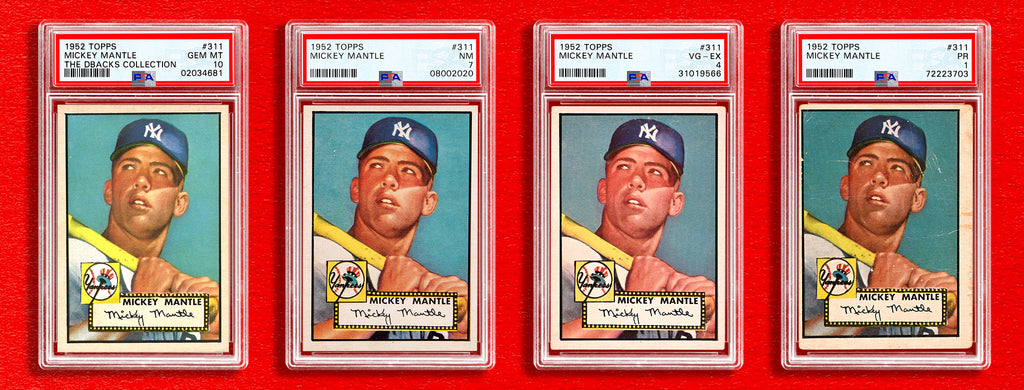 Image of four different 1952 Mickey Mantle rookie cards on a red background, illustrating the grading scale with PSA grades of 10, 7, 4, and 1