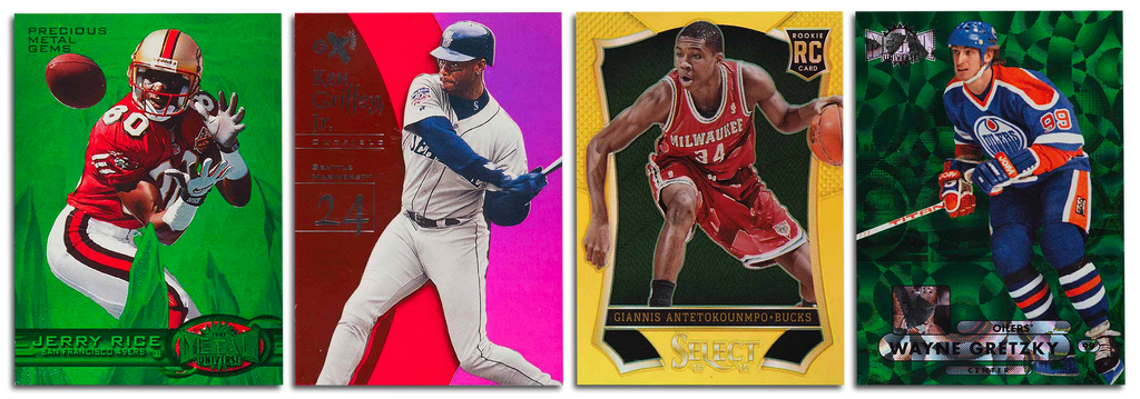 Four sports trading cards on a white background, featuring high-value inserts from various series. The cards include a 1997 Metal Universe PMG Green Jerry Rice, a 1998 Essential Credentials Ken Griffey Jr., a 2013 Select Gold Prizm Giannis Antetokounmpo, and a Wayne Gretzky Precious Metal Gems. Each card is characterized by its vibrant, metallic finishes and rare print runs, representing some of the most sought-after collectibles in sports card history