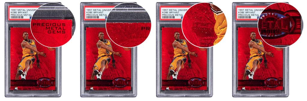 Four copies of a 1997 Metal Universe Kobe Bryant Precious Metal Gems PMG Red card are displayed, each highlighting different aspects of the card's quality: corners, edges, surface, and centering. Each card is encased in a PSA graded slab.