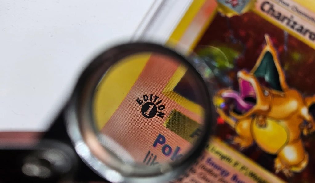Close-up view of a 1999 1st Edition Charizard Pokémon card with a magnifying loupe focusing on the 1st Edition symbol on the left side