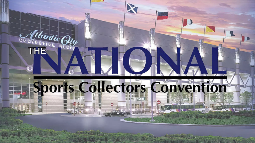 Image of the National Sports Card Convention in Atlantic City, featuring a bustling convention center filled with attendees. Overlaid on the image is the convention's logo, prominently positioned to signify the event. The venue, a large and modern building, is visible in the background, capturing the scale and excitement of the sports card gathering