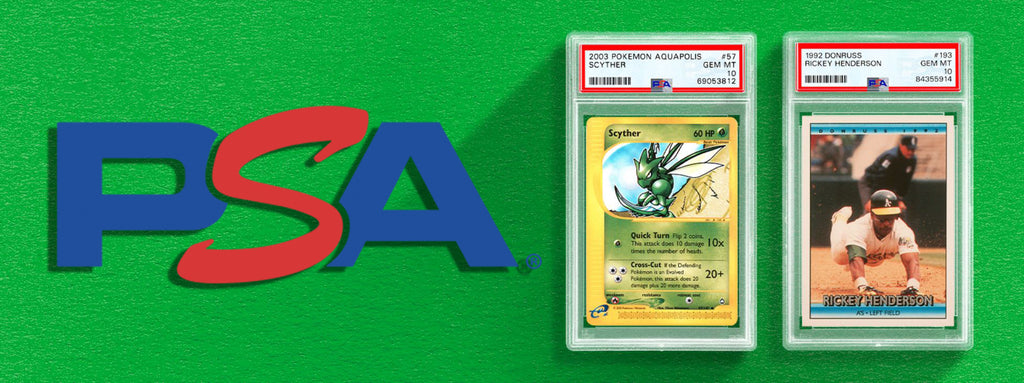 PSA logo displayed alongside two PSA graded slabs set against a green background