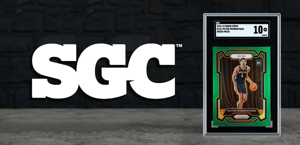 SGC logo with a Green Prizm Victor Wembanyama rookie card in SGC 10 slab, set on a gray background