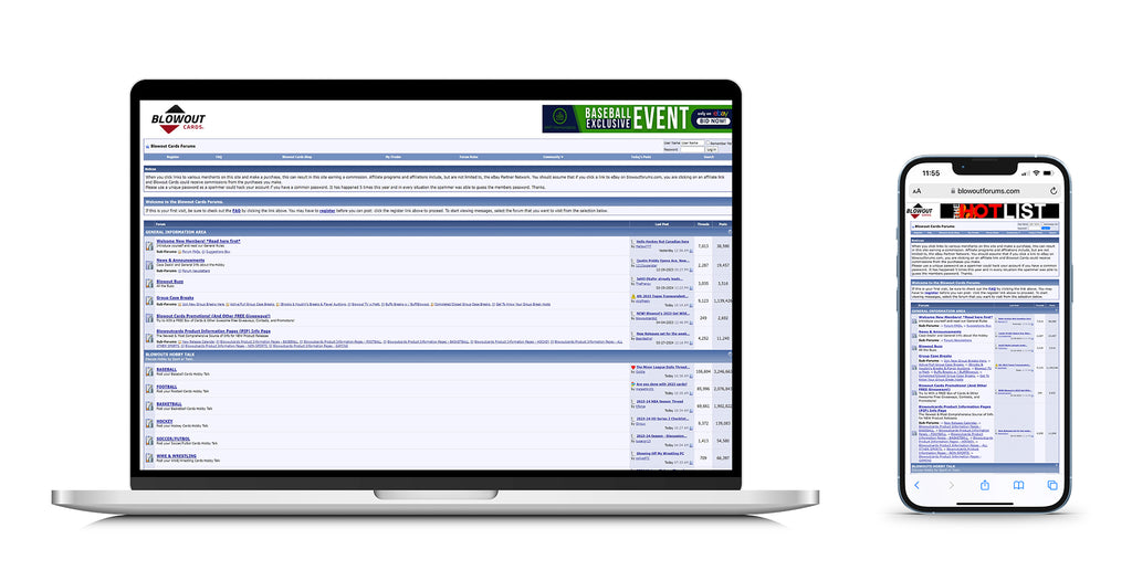 Image of Blowout Forums trading card marketplace displayed on a laptop screen and a mobile device
