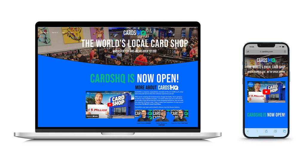 Image of the CardsHQ trading card marketplace displayed on a laptop screen and a mobile device