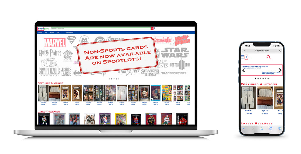 Image of the Sportlots trading card marketplace displayed on a laptop screen and a mobile device