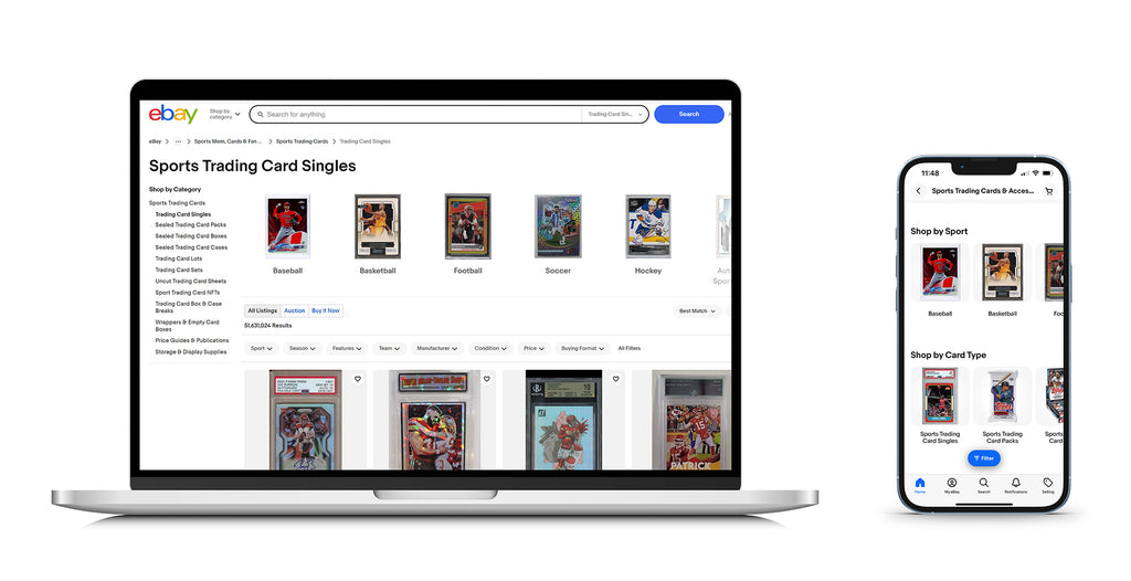 Image of the eBay trading card marketplace displayed on a laptop screen and a mobile device