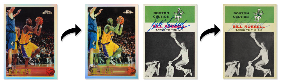 Image depicting the damaging effects of UV light on cards, featuring a 1996 Topps Chrome Refractor Kobe Bryant card that has turned green and a 1961 Fleer Bill Russell 'Takes to the Air' autographed card with a faded signature