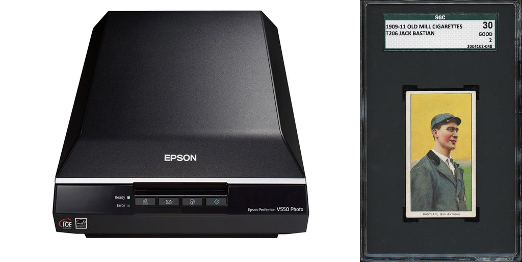 Product photo of the Epson Perfection V550 Photo Scanner, accompanied by a scanned image of a 1909 T206 Jack Bastian card in an SGC slab
