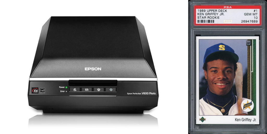 Product photo of the Epson Perfection V600 Photo Scanner, accompanied by a scanned image of a 1989 Upper Deck Ken Griffey Jr. Rookie Card graded PSA 10