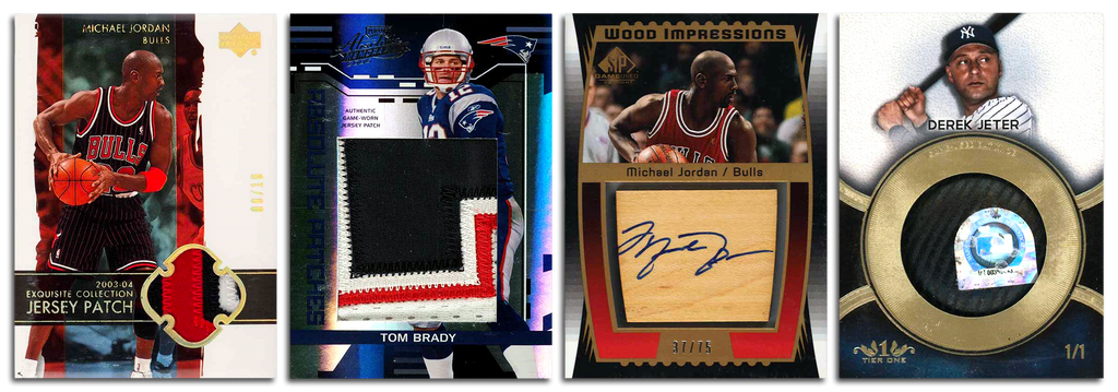 Four sports memorabilia cards displayed on a white background, featuring a Michael Jordan Game Used Jersey Card, a Tom Brady Game Used Jersey Card, a Michael Jordan Game Used Floor Auto Card, and a Derek Jeter Game Used Bat Card. Each card incorporates actual pieces of sports equipment used by the athletes—jersey fabric, basketball court flooring, and baseball bat wood—paired with autographs or player images, showcasing unique aspects of sports history