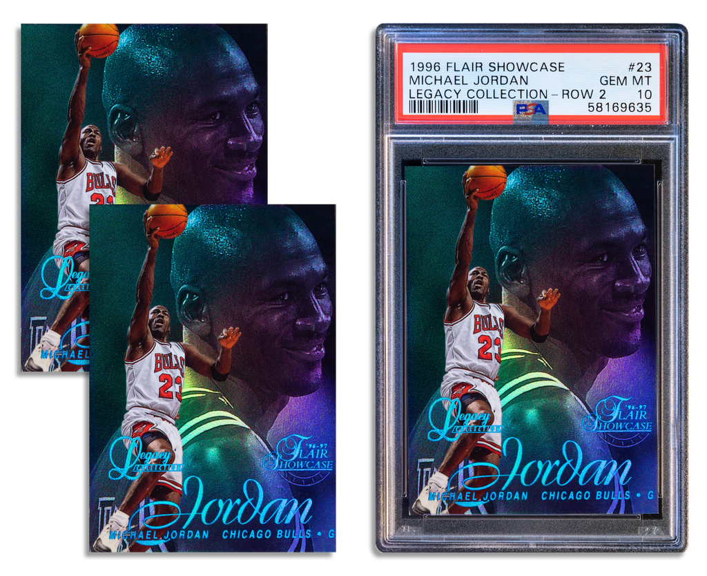 Image showcasing three versions of the 1996 Flair Showcase Michael Jordan Legacy Collection Row 2 basketball card. Two of the cards are presented in raw, ungraded condition, while the third card is encased in a PSA grading slab, indicating it has been officially graded. This display highlights the option for collectors to purchase raw cards and have them graded by PSA, as suggested by the visual arrangement of the cards