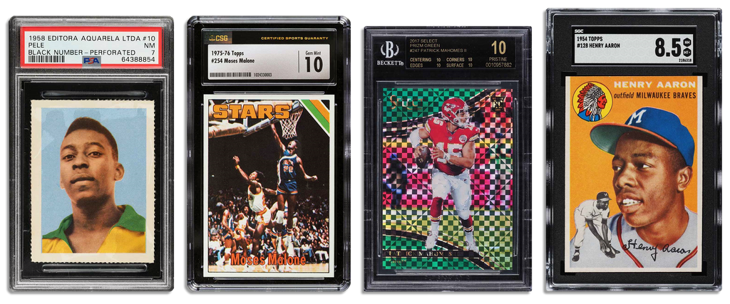 "Image showing four sports trading cards in a row, each graded and encapsulated. The cards displayed are a 1958 Pele with a PSA 7 grade, a 1975 Topps Moses Malone CGC 10, a 2017 Panini Select Green Prizm Patrick Mahomes BGS 10 Black Label, and a 1954 Topps Hank Aaron with an SGC 8.5 grade