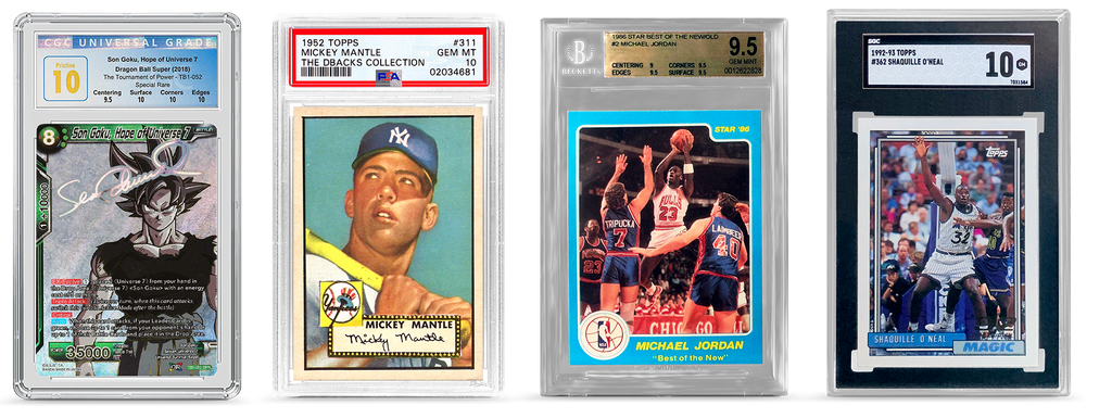 Four different trading cards, 2018 Dragon Ball Tournament Of Power Super Son Goku Hope of Universe CGC 10, 1952 Topps Mickey Mantle Rookie PSA 10, 1986 Star Best of the New Michael Jordan RC BGS 9.5, 1991 Topps Shaquille O'Neal Rookie SGC 10