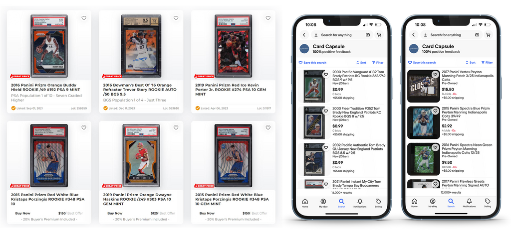 Image featuring a screenshot of deals from the PWCC website, accompanied by two images of a mobile phone displaying deals on the Card Capsule eBay page. The screenshots collectively highlight various sports card transactions and offers available online