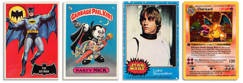 Image displaying four collectible trading cards in a row, each from different series and eras. From left to right, the cards are a 1966 Topps Batman Black Bat 'The Batman Rookie', a 1985 Garbage Pail Kids Series 1 'Nasty Nick', a 1977 Topps Star Wars 'Luke Skywalker Rookie', and a 1999 1st Edition Charizard Holo