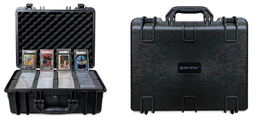 A Card Capsule Pro waterproof case for graded cards, shown open and filled with cards arranged in four rows demonstrating its compatibility with BGS, PSA, SGC, and CGC graded cards. Additionally, there is an image of the case closed and standing upright, displaying the Card Capsule logo.