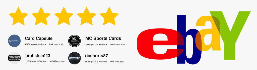 "Image featuring five gold stars at the top, symbolizing perfect reviews. Below the stars, there are the names and logos of four eBay shops: Card Capsule, Probstein Auctions, MC Sports Cards, and DCSports87. Each store name is displayed alongside its respective logo. To the side, the eBay logo is prominently displayed in a large font