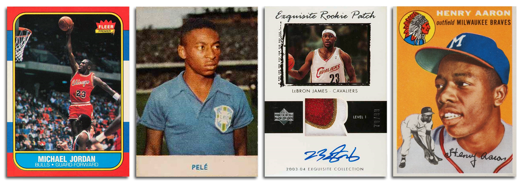 Four sports trading cards on a white background, featuring a 1986 Fleer Michael Jordan, a 1958 rookie card of Pelé, a 2003 Upper Deck Exquisite Rookie Patch Auto LeBron James, and a 1954 Topps Hank Aaron. Each card showcases a detailed illustration or photograph of the athlete, capturing iconic moments from their careers and highlighting the evolution of card design from mid-century vintage to modern luxury formats