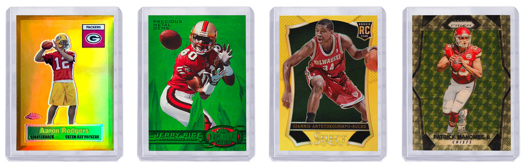 Four different trading cards displayed in card capsule sleeves and toploaders, arranged from left to right. The cards are: a 2005 Topps Chrome Aaron Rodgers Gold Refractor, a 1997 Metal Universe Precious Metal Gems PMG Green Jerry Rice, a 2013 Panini Select Giannis Antetokounmpo Gold Prizm Rookie Card, and a 2017 Panini Prizm Gold Vinyl Patrick Mahomes II