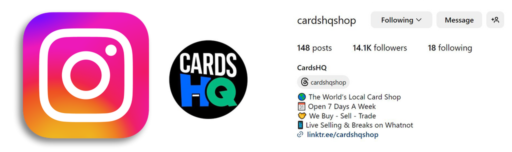 Image featuring the Instagram logo next to a screenshot of the Cards HQ Instagram profile. The profile screenshot displays the user interface of Instagram with details of the Cards HQ account, including posts, followers, and profile description visible
