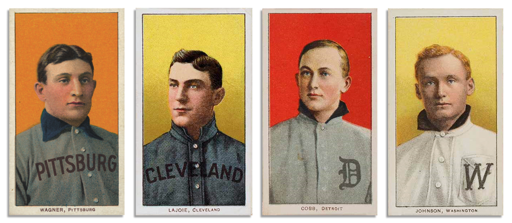 Four 1909 T206 tobacco cards displayed on a white background, featuring baseball legends Honus Wagner, Nap Lajoie, Ty Cobb, and Walter Johnson. Each card shows a portrait of the respective player in period uniform, with elegant, vintage typography and design typical of early 20th-century baseball memorabilia