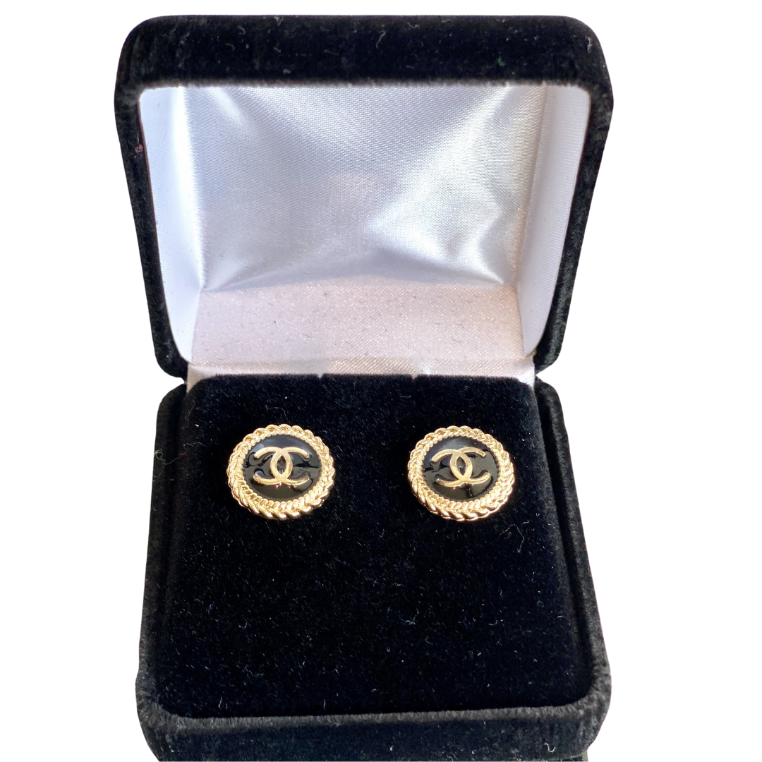 Designer Button Earrings - Black & Gold Braided CC