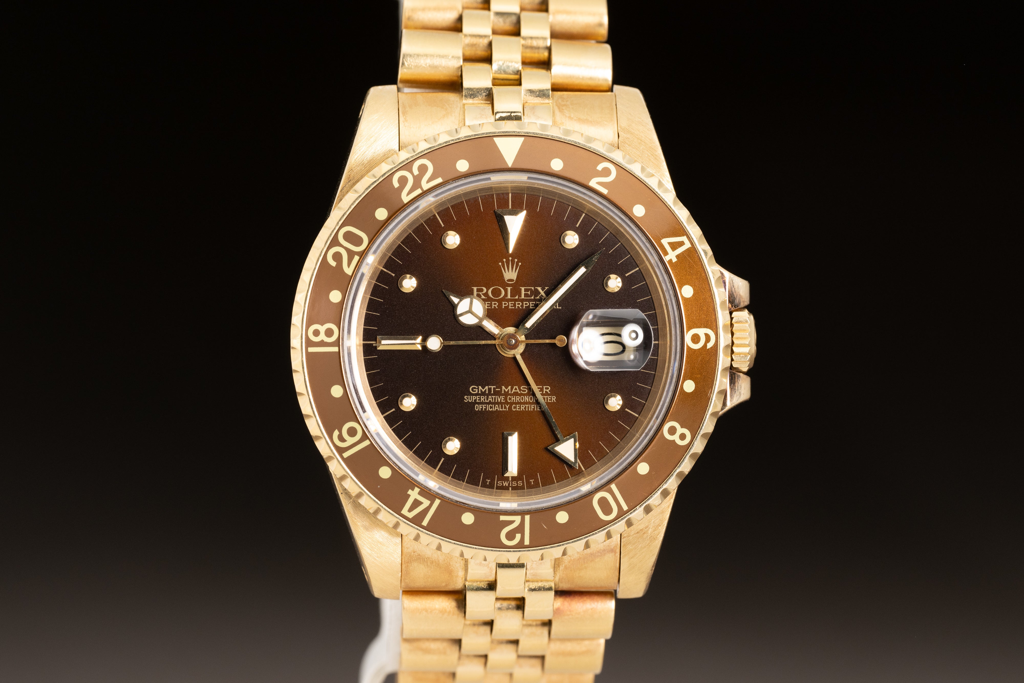 image of 1984 Rolex 16758 18K Yellow Gold GMT Master Brown Nipple Dial Tritium Lume and Hands