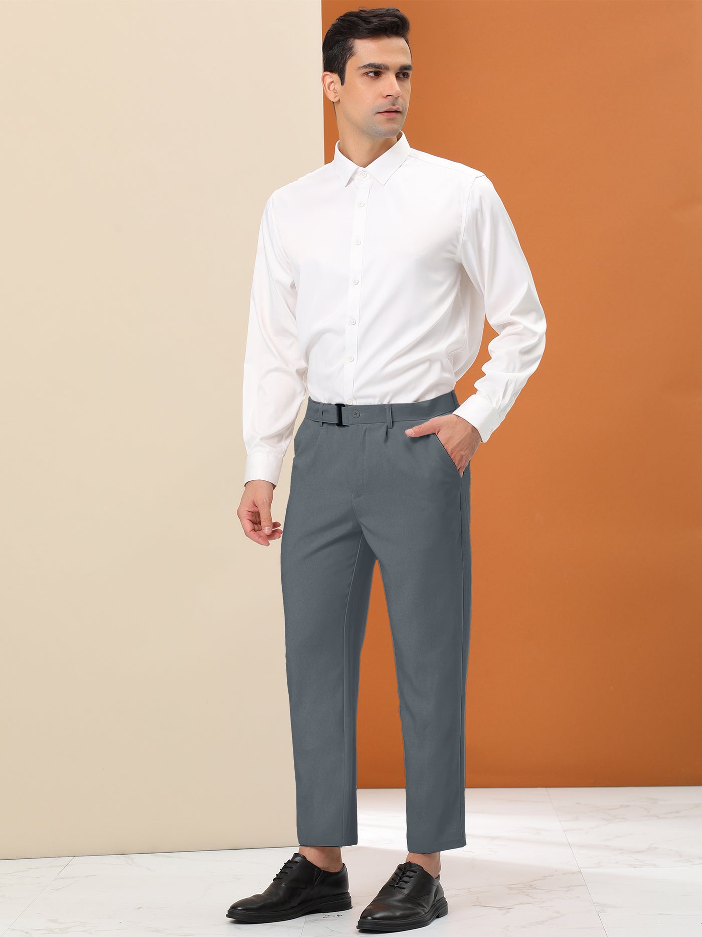 Bublédon Men's Dress Pants Straight Fit Flat Front Solid Business Trousers with Belt