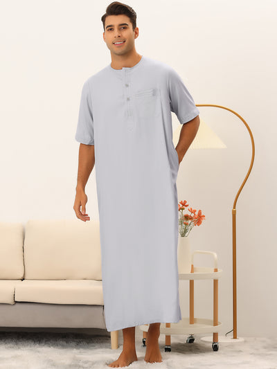 Lars Amadeus Men's Cotton V-Neck Side Split Long Night Gown with Pocket  Gray Small