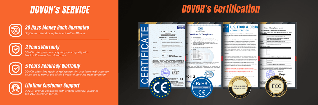 Dovoh laser level provides 2 years quality warranty and 5 years accuracy warranty