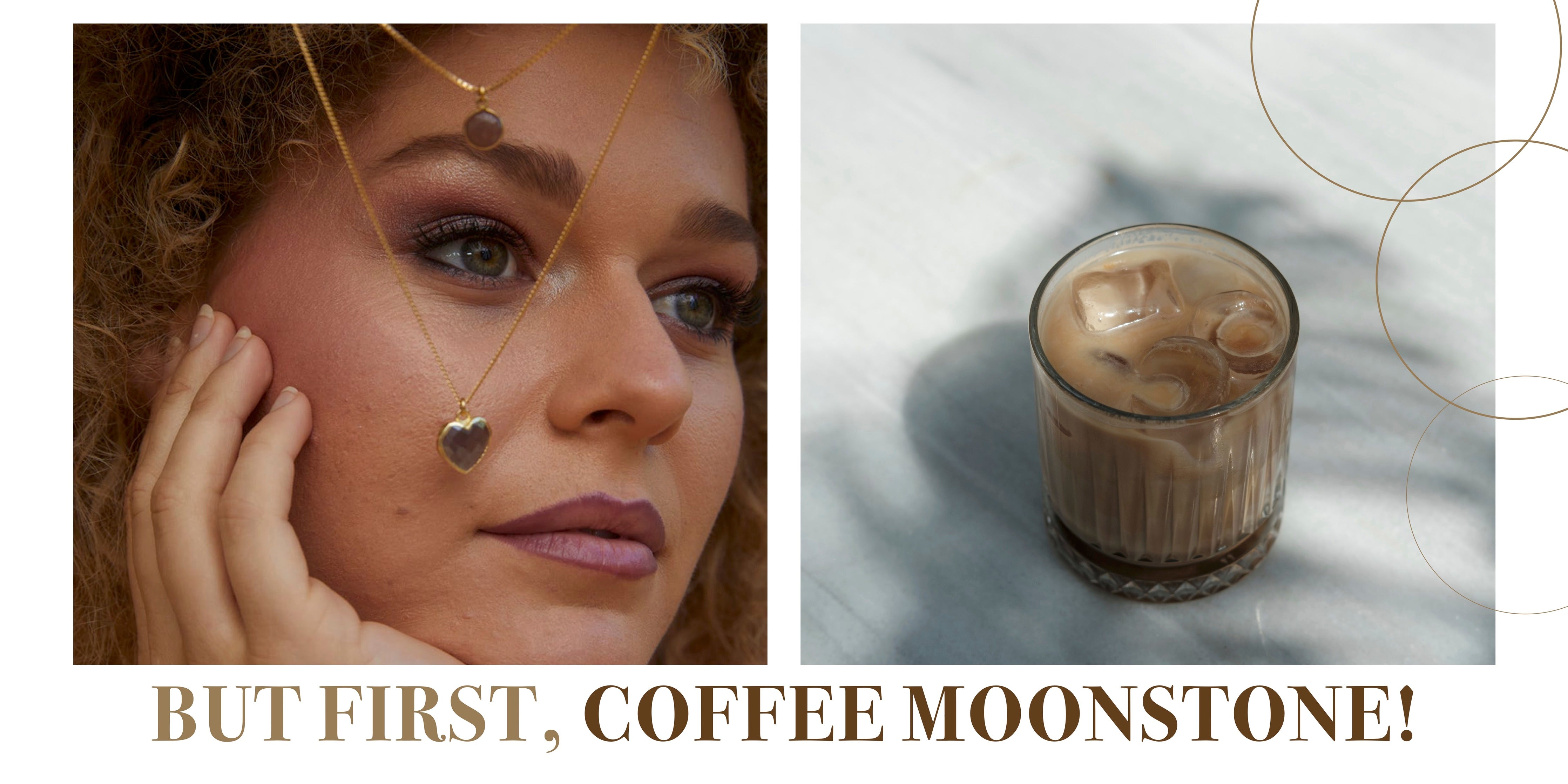 Image of woman's face with jewelry hanging in front of it and an image of iced coffee