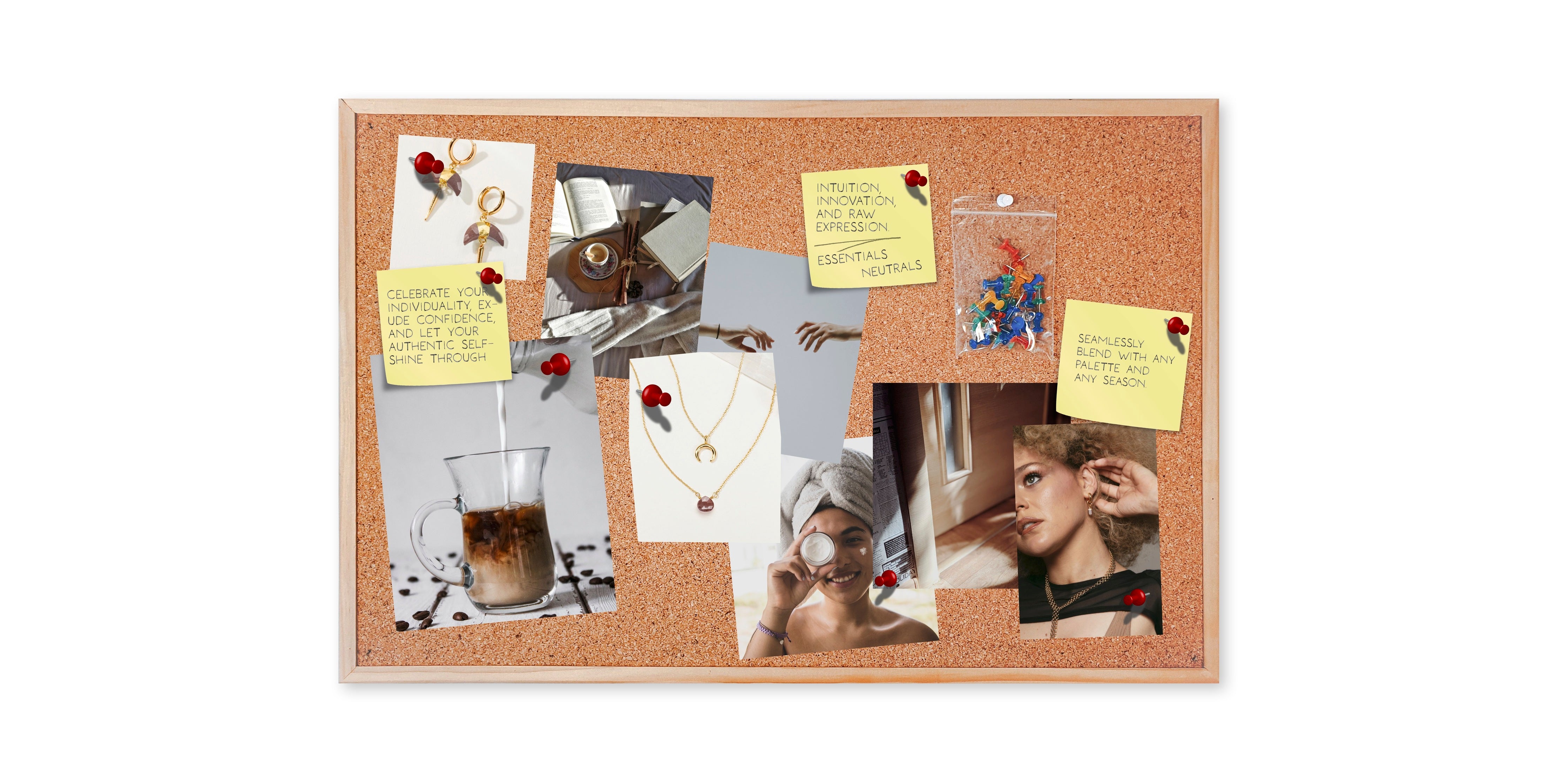 Image of cork board with sticky notes, pictures of coffee, and pictures of a model with jewelry pinned to it