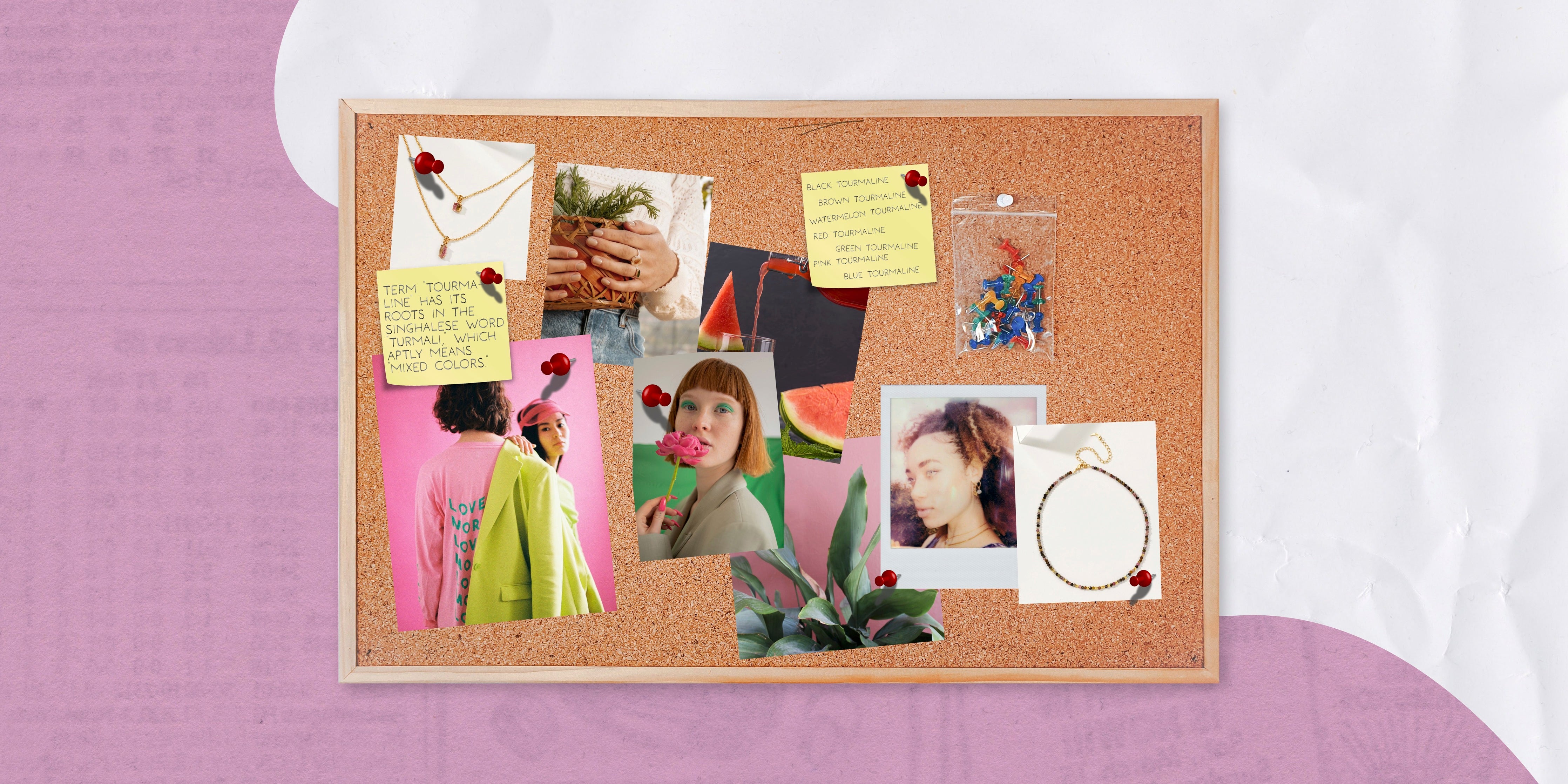 Image of a cork board with various tourmaline jewelry and inspiration images pinned to it