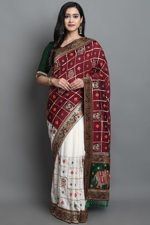 White And Maroon Embroidered Panetar Saree in Synthetic Gaji Silk – Khatri  Jamnadas Bechardas