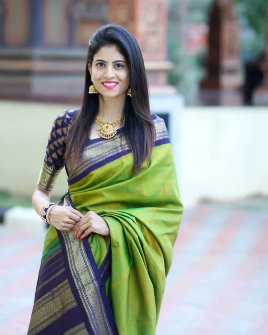 Light Green Saree & Blouse With Golden Zari Weaving Banarasi