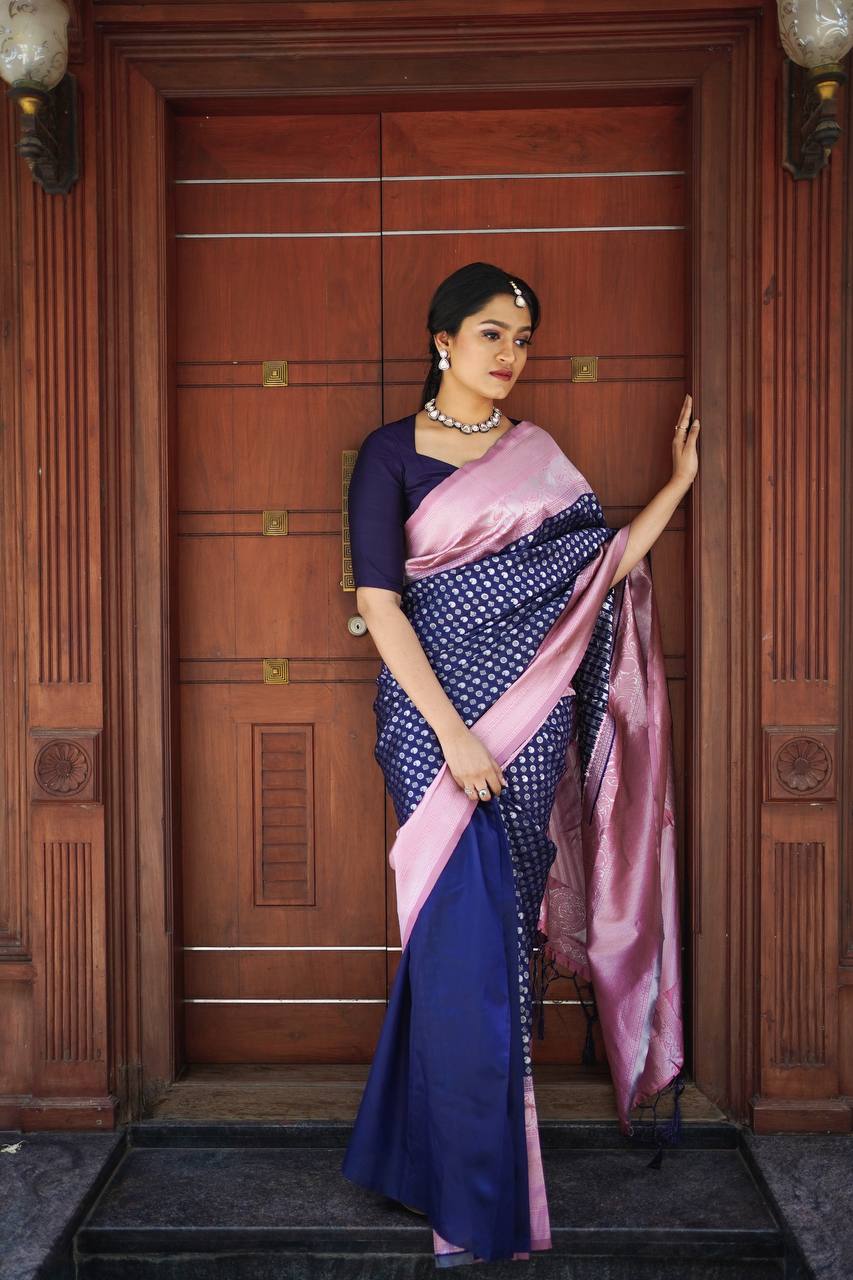 Buy Royal blue color banarasi soft lichi silk saree at fealdeal.com