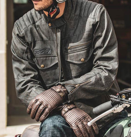 Age of Glory Worker Coated Denim Black Waterproof Motorcycle Jacket in Denim