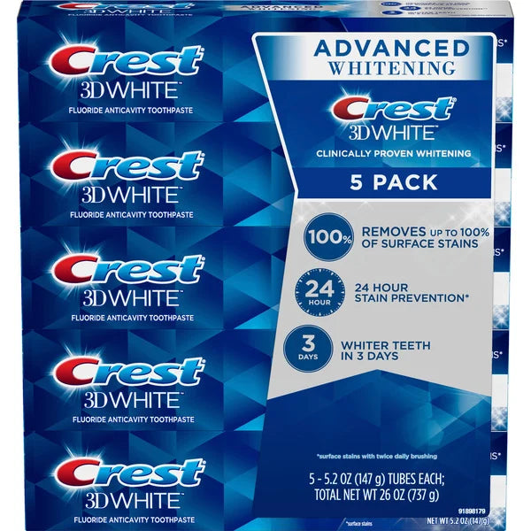 Crest 3D White Advanced Toothpaste, 5 x 5.2 oz