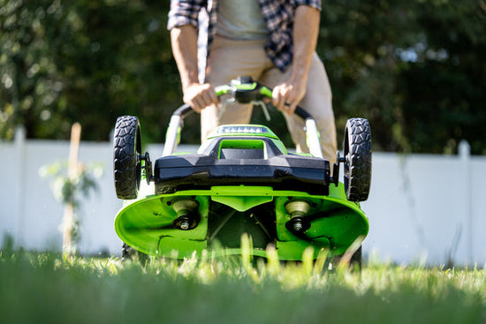 Raised Greenworks lawn mower to expose blades