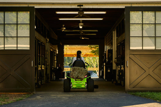 Greenworks Zero-Turn Riding Mower in a barn