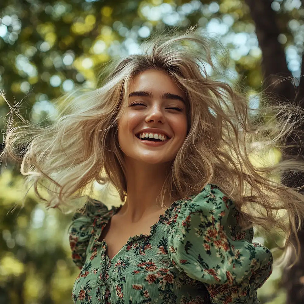 Blonde vrouw lacht vrijuit in het bos met wapperend haar, symbool voor het herstellende effect van Happy Caps
