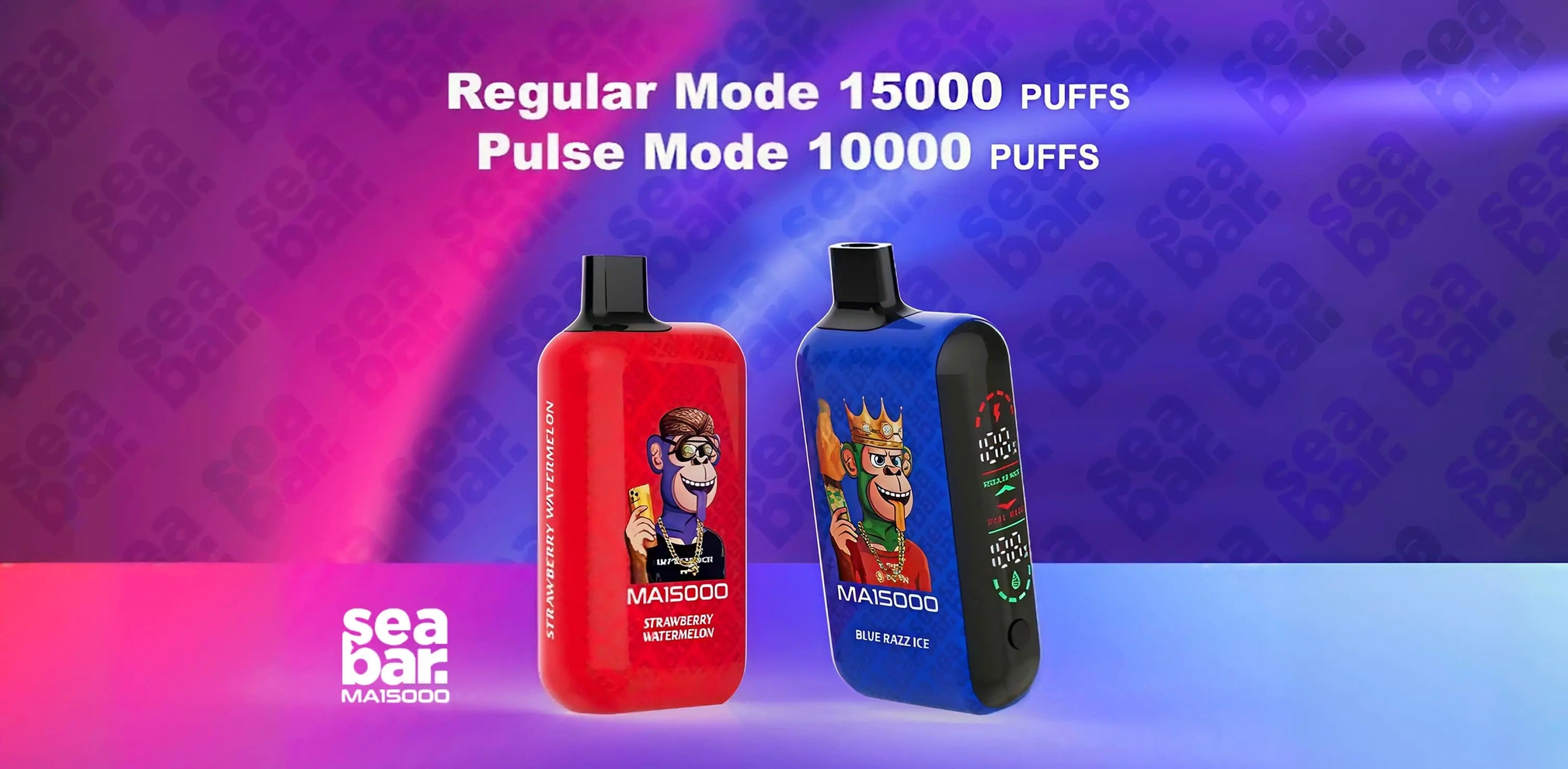SEA BAR MA15000 Disposable E-Cigarette - 15,000 puffs in regular mode and 10,000 puffs in pulse mode, comes with an LED screen and mesh coil design.